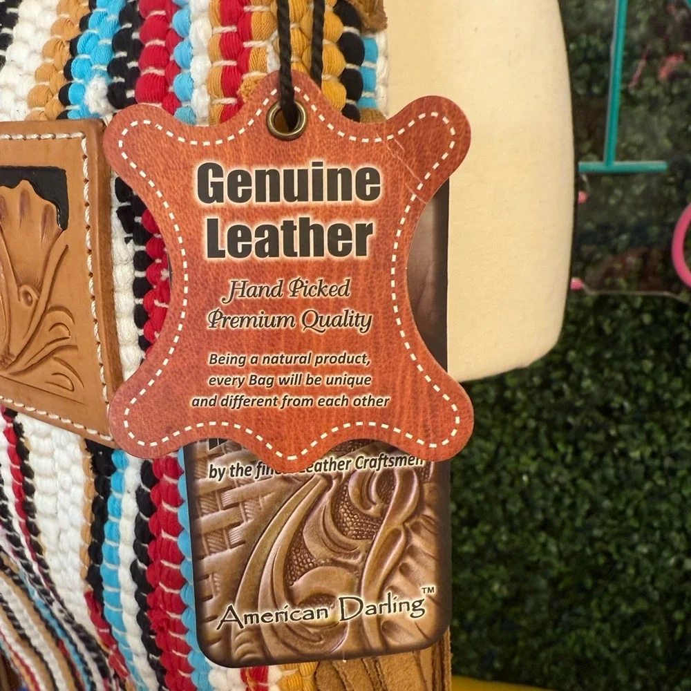 American Darling Hand Tooled Leather Multicolor Striped Saddle Bag‎ w/Fringe NWT